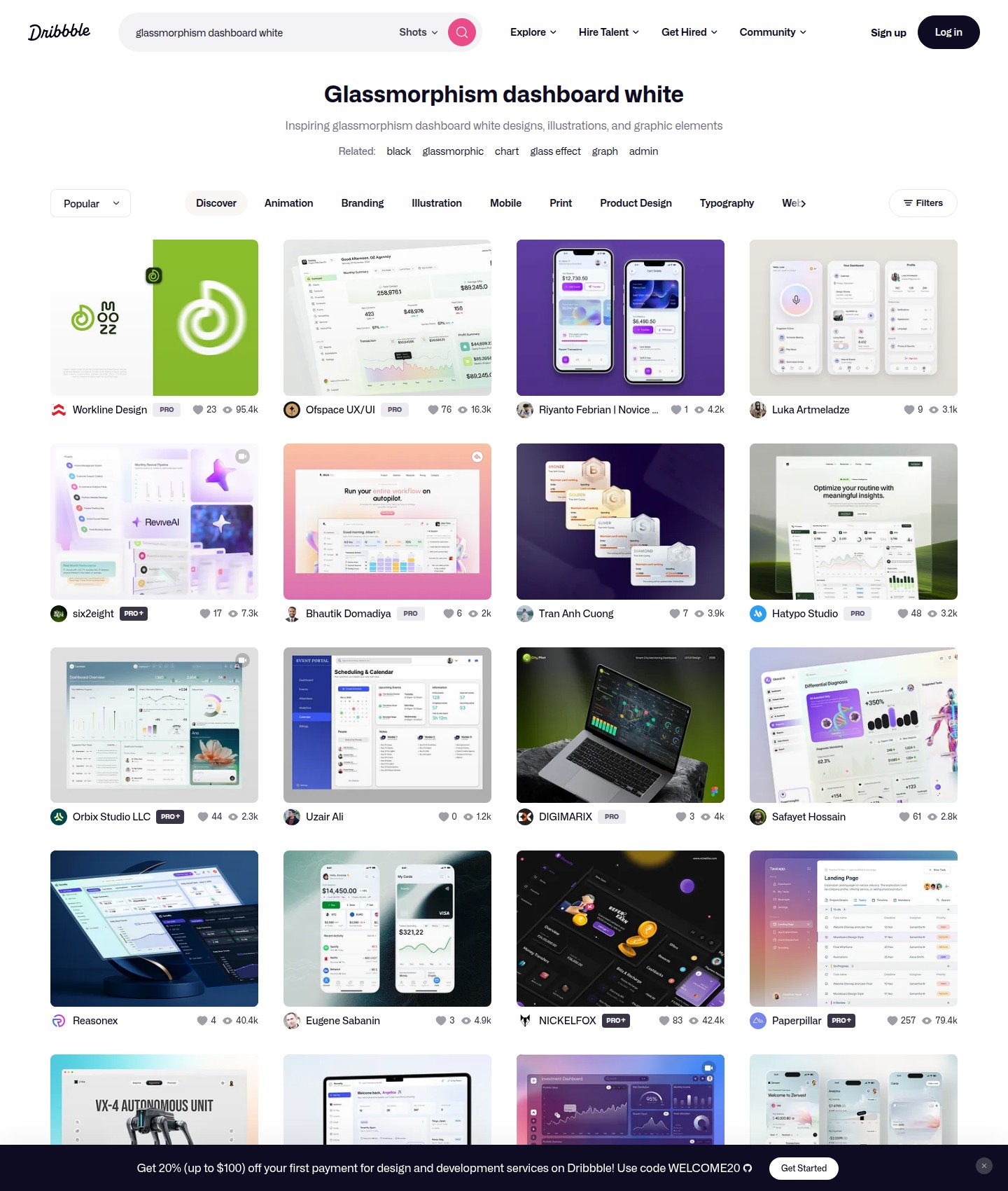 Dribbble — glass dashboards white